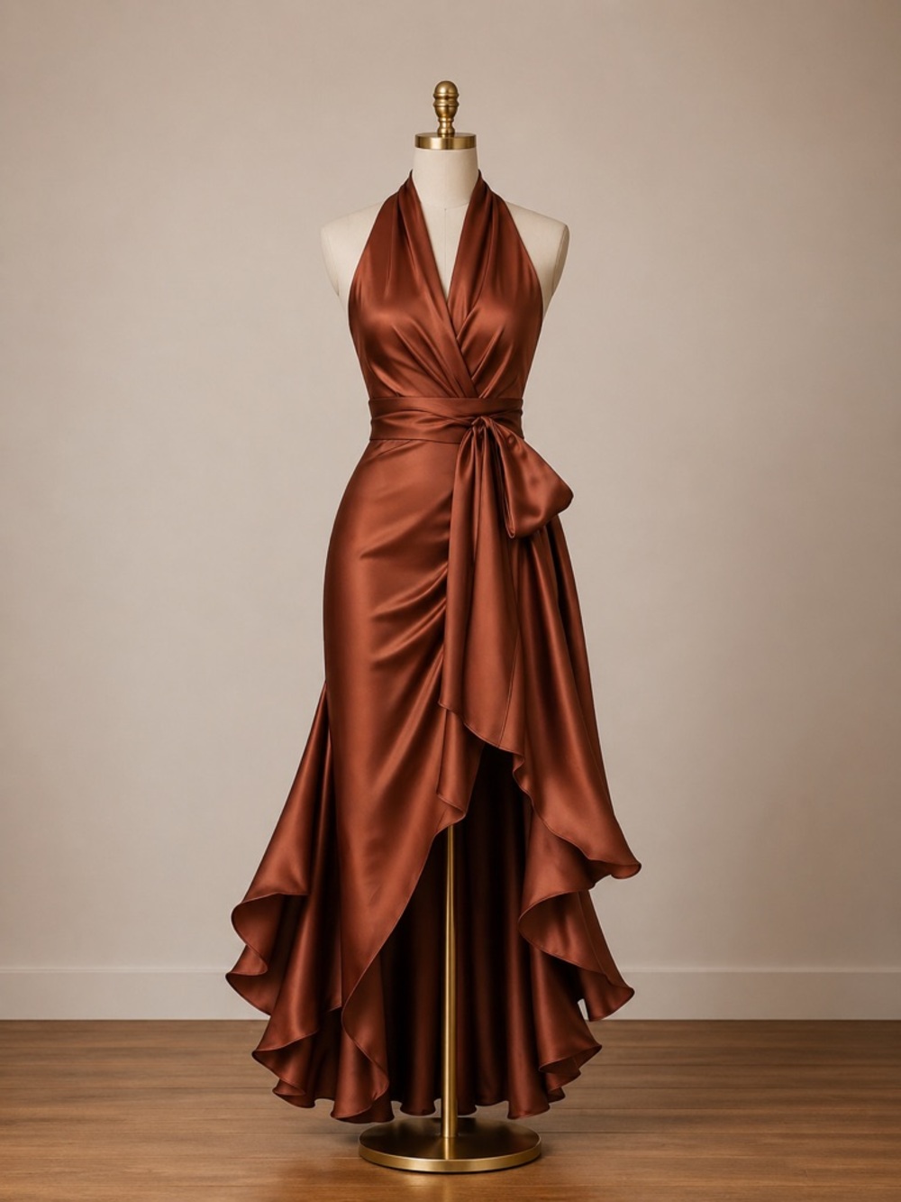 Satin Halter High-Low Dress in Copper Brown
